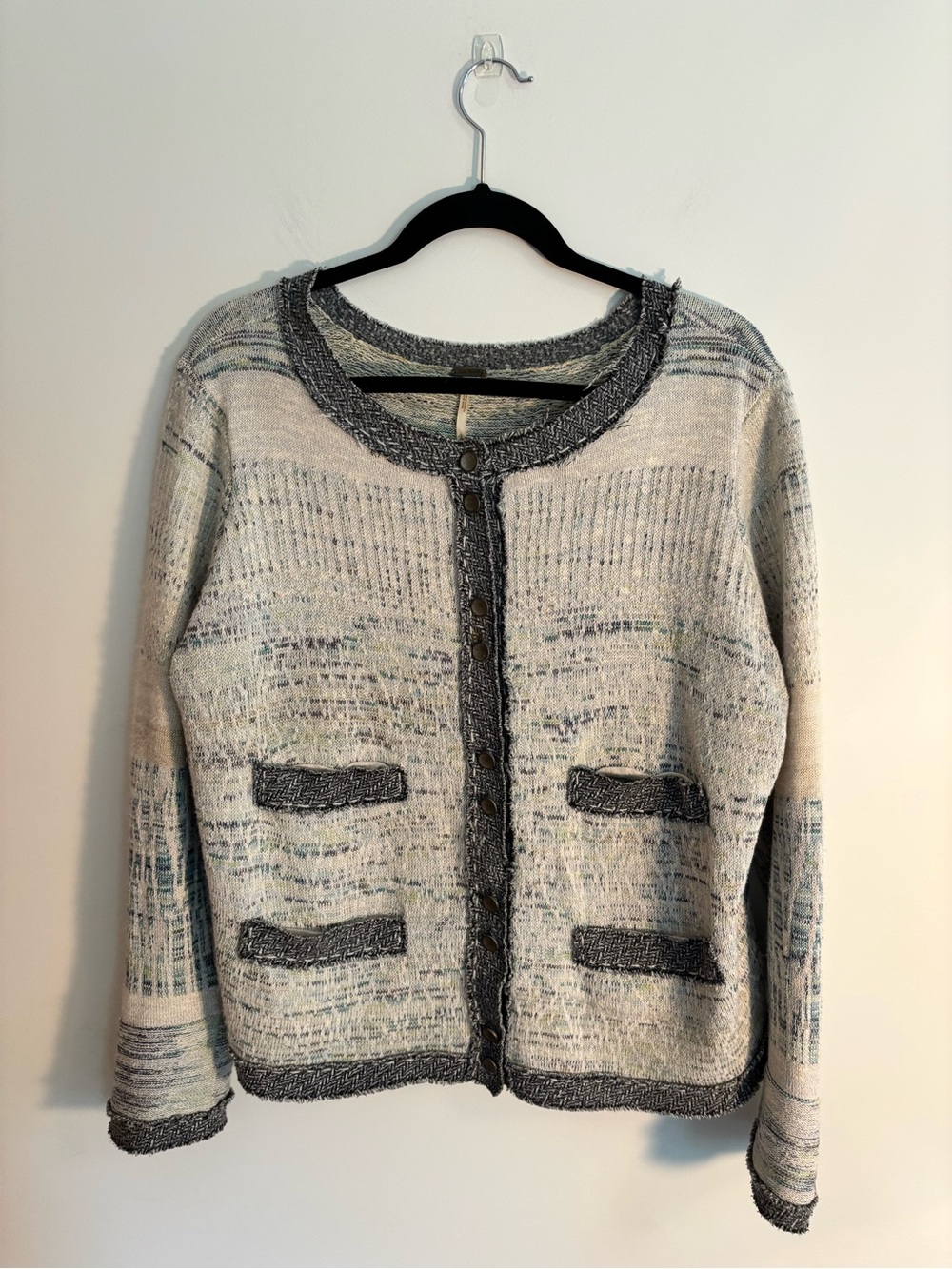 Free People Crewneck Knit Denim/Ivory colored Cardigan Sweater